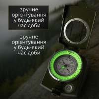 Компас рідинний туристичний Hechpro олива — металевий корпус, візир, азимутальна шкала, рівень